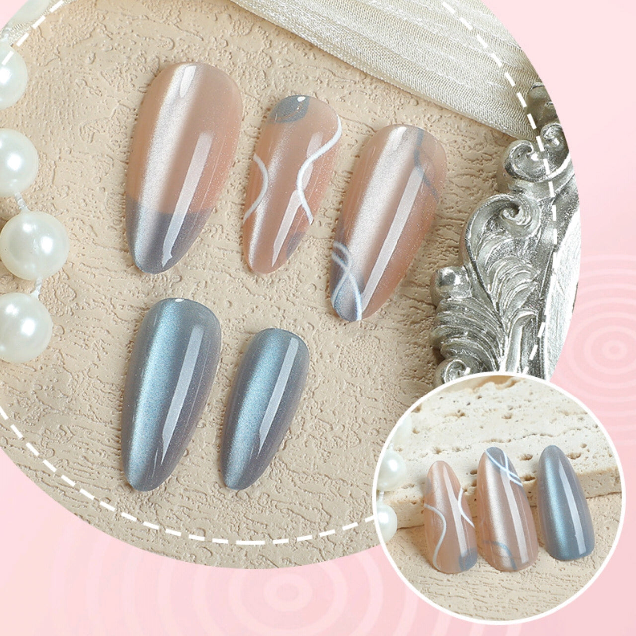 30 pièces de taille complète, en gros, en stock, bijouterie pour yeux, ongles bleus, motifs peints français, faux ongles, extrémités d'ongles haut de gamme.
