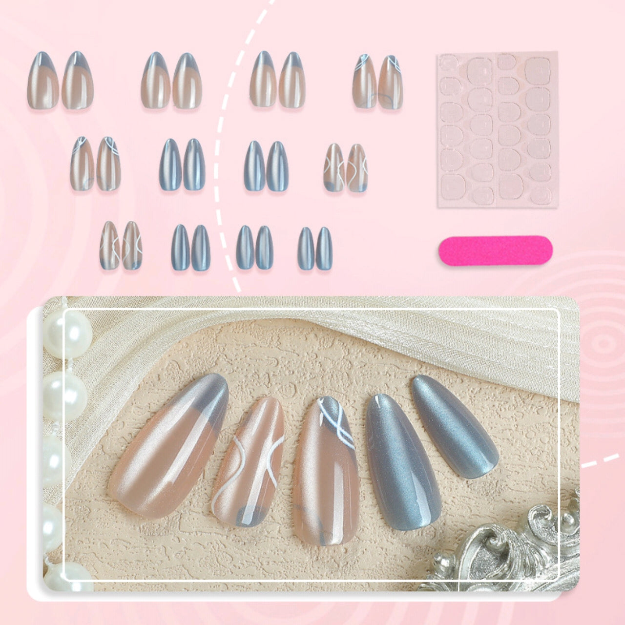 30 pièces de taille complète, en gros, en stock, bijouterie pour yeux, ongles bleus, motifs peints français, faux ongles, extrémités d'ongles haut de gamme.